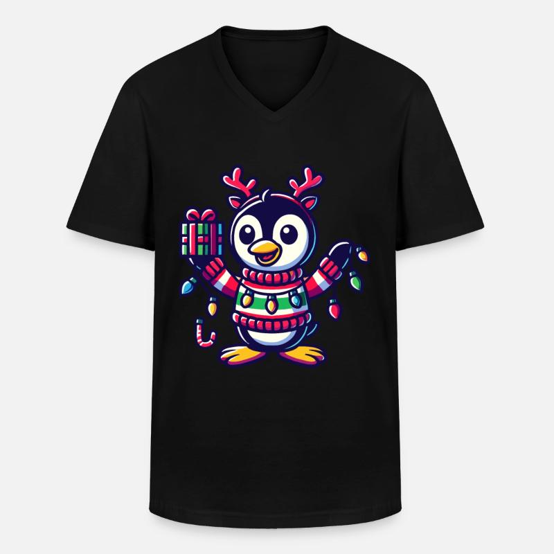 Fröhlicher Pinguin Mit Weihnachtslichtern - Männer-T-Shirt mit V-Ausschnitt - Schwarz
