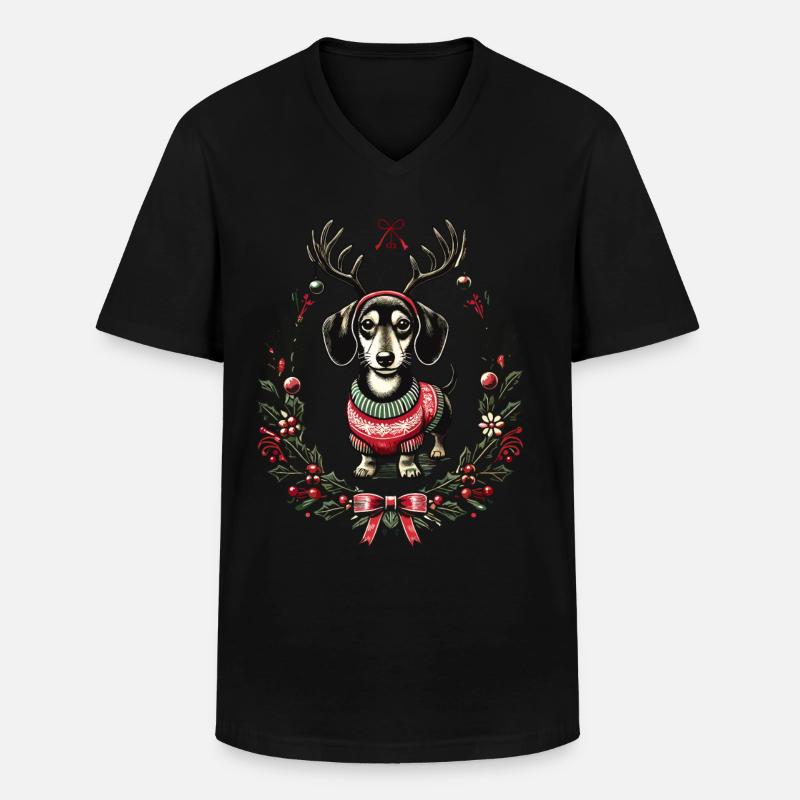 Fröhlicher Dackel Im Weihnachtspullover - Männer-T-Shirt mit V-Ausschnitt - Schwarz