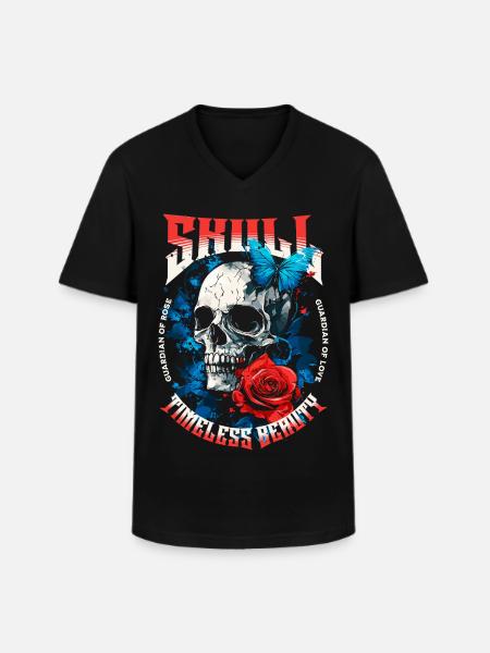Crâne, Crâne, Papillon, Rose, Fleur - T-shirt col V Homme - noir