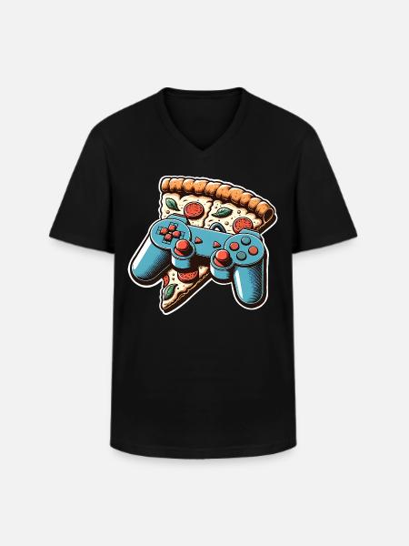 Pizza Gaming Gamer - Männer-T-Shirt mit V-Ausschnitt - Schwarz