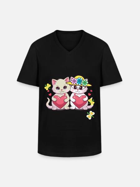 Valentine's Day Cat Kitten Hearts - Men's V-Neck T-Shirt - black