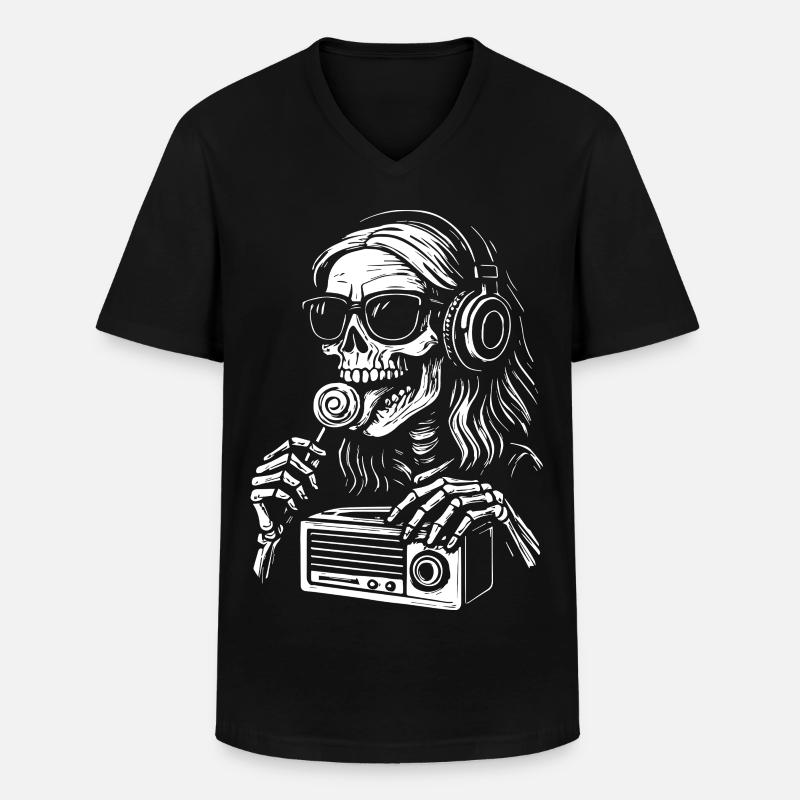 Skelett DJ mit Kopfhörern - Männer-T-Shirt mit V-Ausschnitt - Schwarz