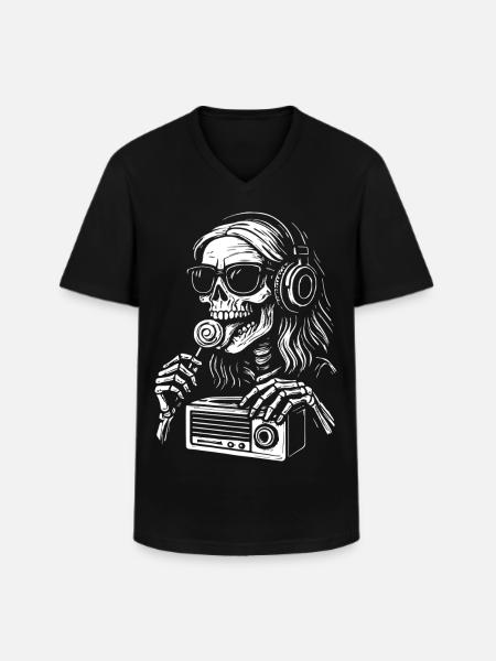 Skeleton DJ Radio Black White - Men's V-Neck T-Shirt - black