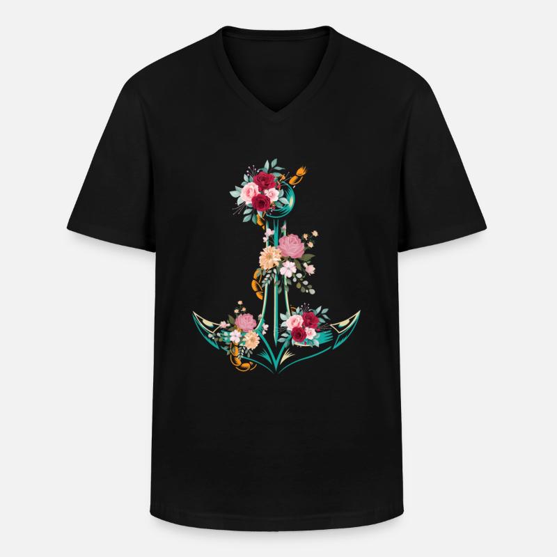 Anker Blumen - Männer-T-Shirt mit V-Ausschnitt - Schwarz