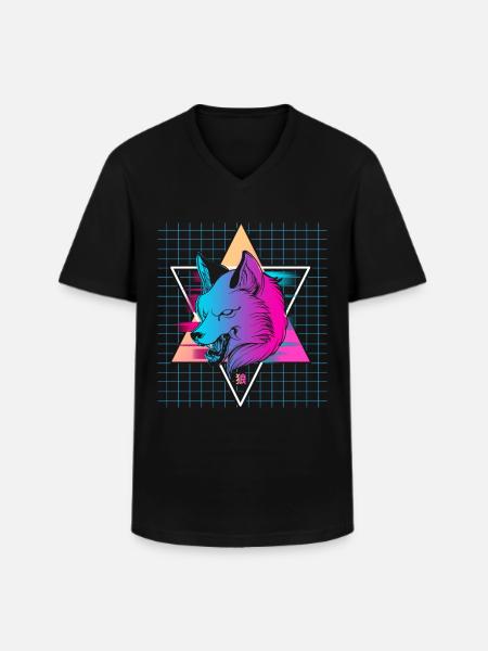 Japon Vaporwave Wolf - T-shirt col V Homme - noir