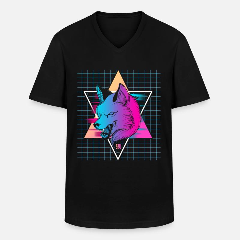 Japan Vaporwave Wolf - Männer-T-Shirt mit V-Ausschnitt - Schwarz