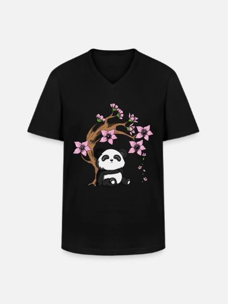 Pandabjörn träd körsbär blomma bambu glad panda - T-shirt med V-ringning herr - svart