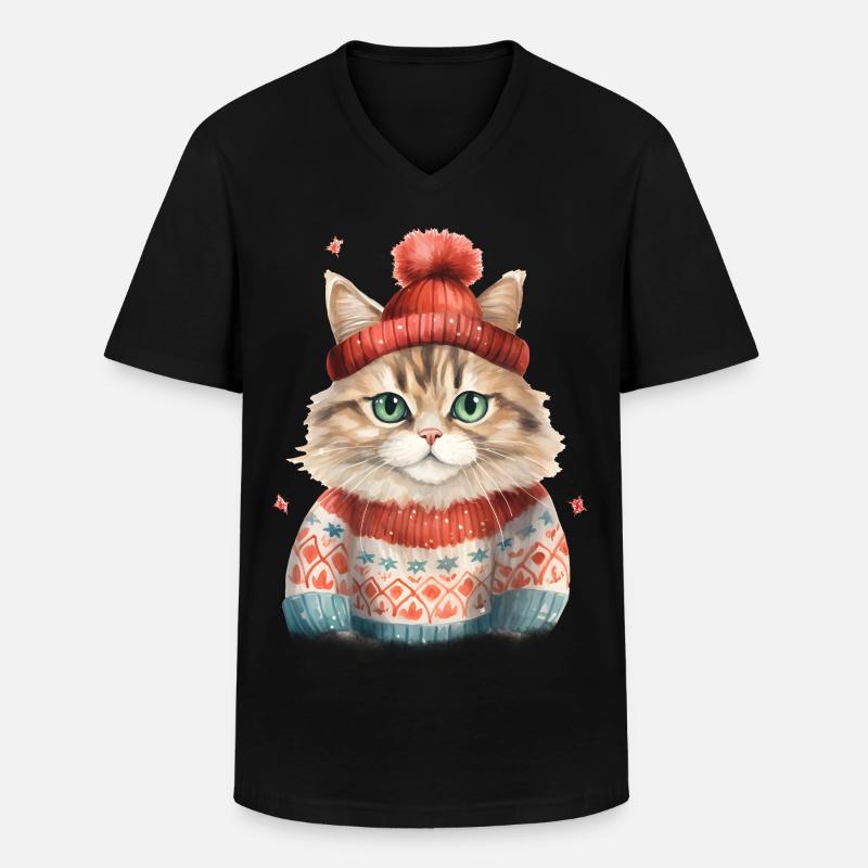 Winterkatze im Strickpullover - Männer-T-Shirt mit V-Ausschnitt - Schwarz
