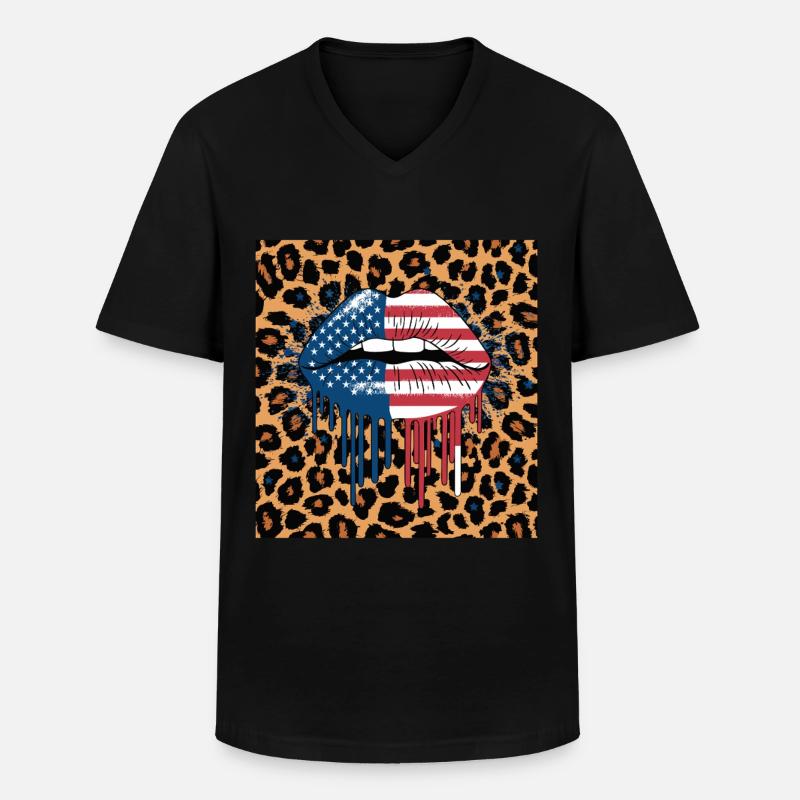 Leopard Lippen mit USA Flagge - Männer-T-Shirt mit V-Ausschnitt - Schwarz