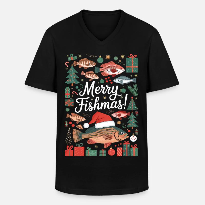 Pulls de Noël Pêcheur Carpe de Poissons Joyeuse - T-shirt col V Homme - noir