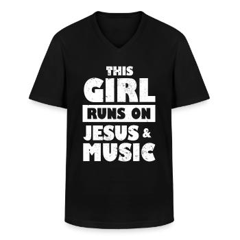 This Girl Runs on Jesus & Music Christian Musician - Men's V-Neck T-Shirt - black - Front - AI Model Male 178 dark (178cm)