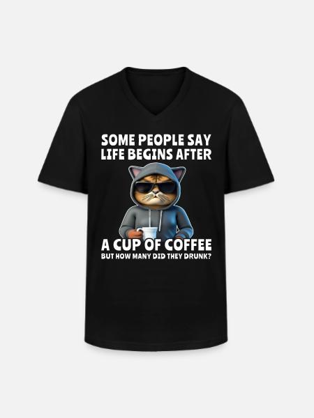 Coffee Cat Coffee Drinker - Men's V-Neck T-Shirt - black