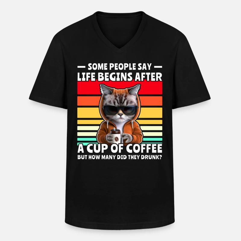 Retro Katze Kaffee - Männer-T-Shirt mit V-Ausschnitt - Schwarz