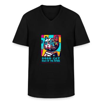 Robot Cat’s Futuristic Cat Print - T-shirt col V Homme - noir - Devant - AI Model Male 178 dark (178cm)