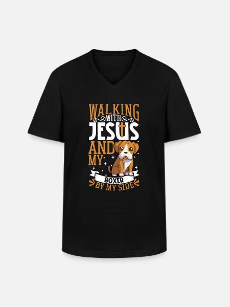 Jesus and Dog - Boxer - Men's V-Neck T-Shirt - black