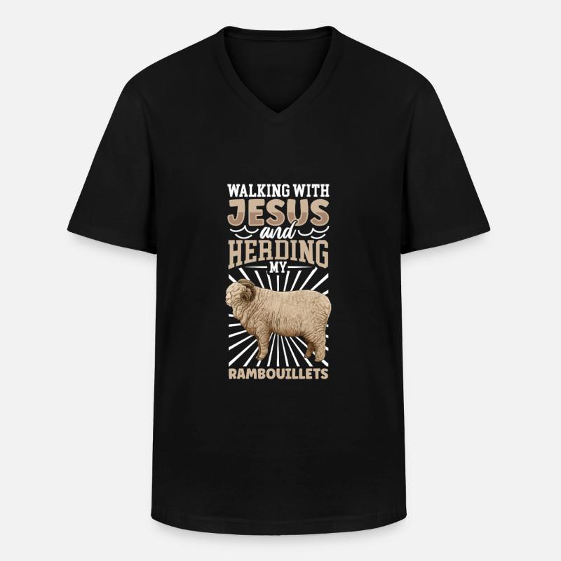 Jesus und Schaf - Rambouillet-Schaf - Männer-T-Shirt mit V-Ausschnitt - Schwarz