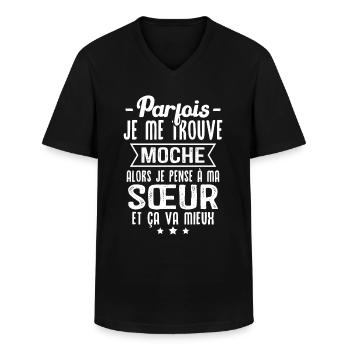 Parfois je me trouve moche alors je pense à sœur - T-shirt col V Homme - noir - Devant - AI Model Male 178 dark (178cm)