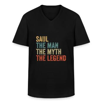 Saül l’homme, le mythe - T-shirt col V Homme - noir - Devant - AI Model Male 178 dark (178cm)