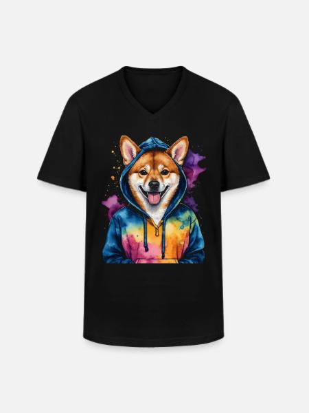 Shiba Inu hættetrøje hund sjovt dyr design print - Klassisk herre T-shirt med V-udskæring - sort