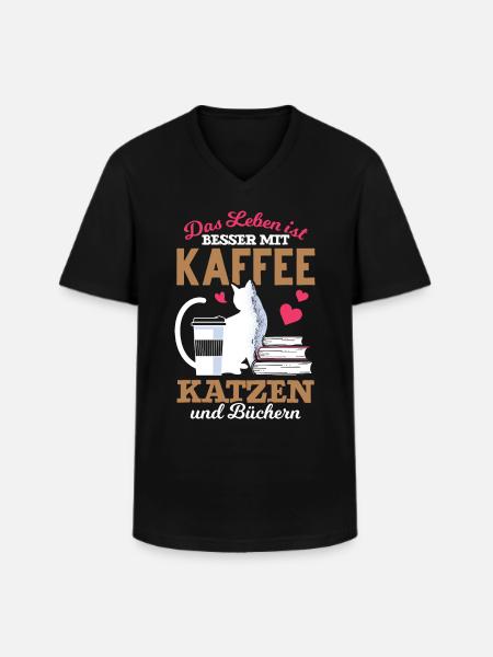 Katze Bücher Kaffee Kaffeetrinker - Männer-T-Shirt mit V-Ausschnitt - Schwarz