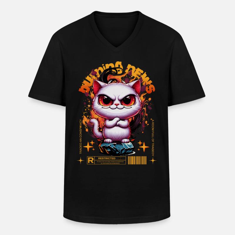 BURNING NEWS Caution cat - Männer-T-Shirt mit V-Ausschnitt - Schwarz