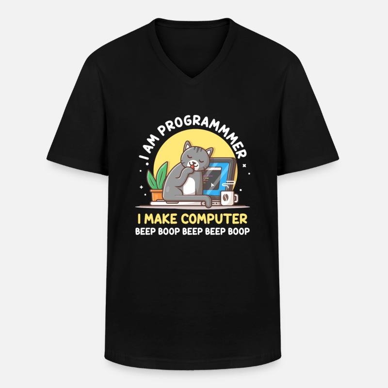 Cat Programmer Coder Developer Kitten Computer - T-shirt col V Homme - noir
