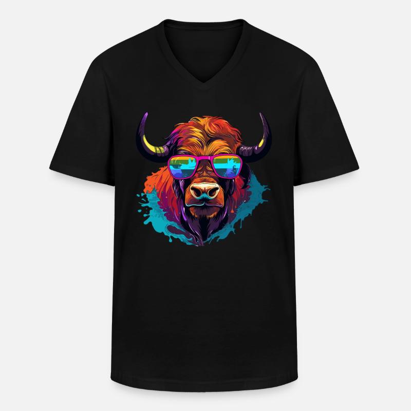 Büffel mit Sonnenbrille - Männer-T-Shirt mit V-Ausschnitt - Schwarz