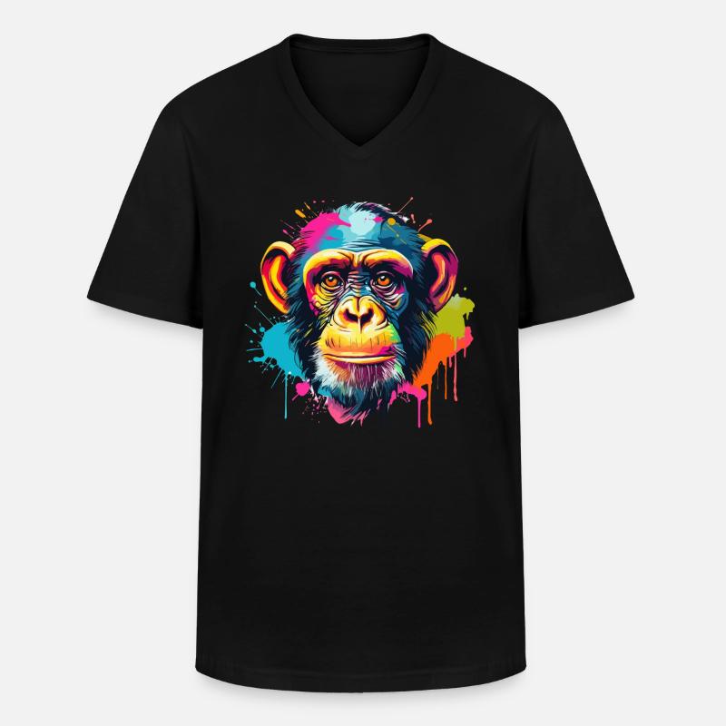 Bunter Schimpanse Farbkleckse Farbspritzer - Männer-T-Shirt mit V-Ausschnitt - Schwarz