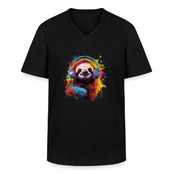 Faultier hört Musik mit Kopfhörern - Männer-T-Shirt mit V-Ausschnitt - Schwarz - Vorne - AI Model Male 178 dark (178cm)