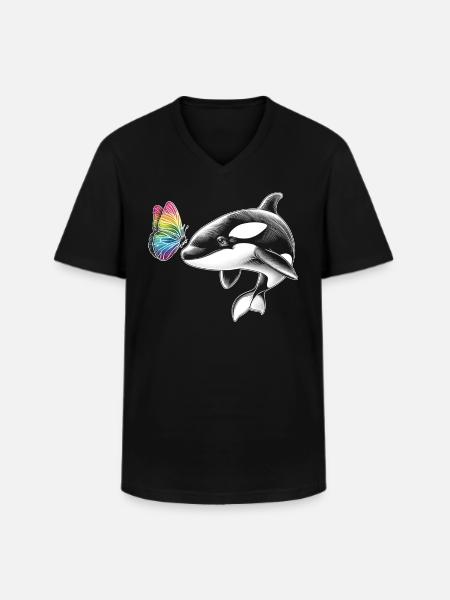 Orca-wal-schmetterlinge-tier-blumenillustration - Männer-T-Shirt mit V-Ausschnitt - Schwarz