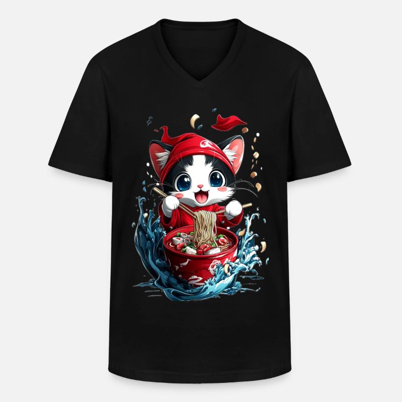 Ramen-Katze - Männer-T-Shirt mit V-Ausschnitt - Schwarz