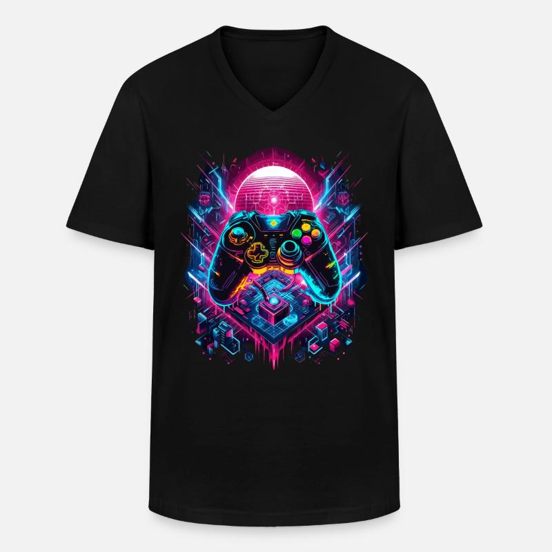 Vibrant Cyberpunk Gaming Controller Graphics - Men's V-Neck T-Shirt - black
