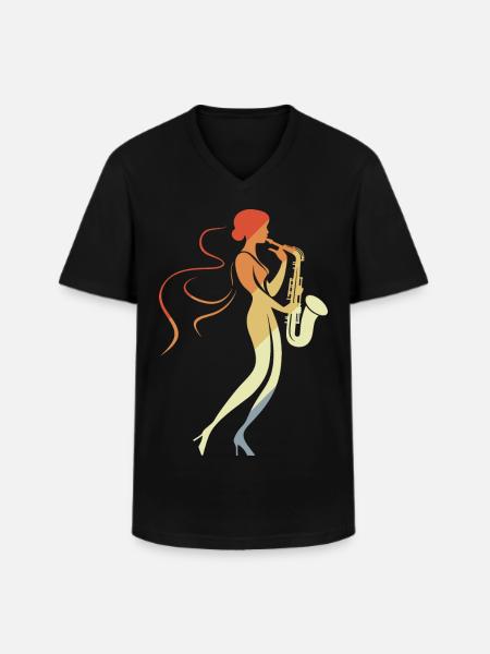 Saxophone Femme - T-shirt col V Homme - noir