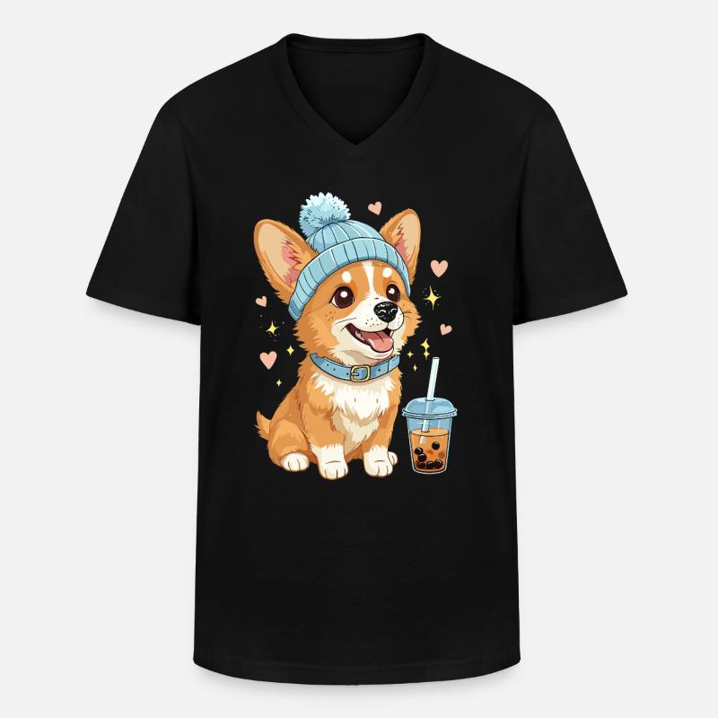 Bubble Tea Corgi Dog Beanie Carino Amante dei Cani - Maglietta da uomo classica con scollo a V - nero