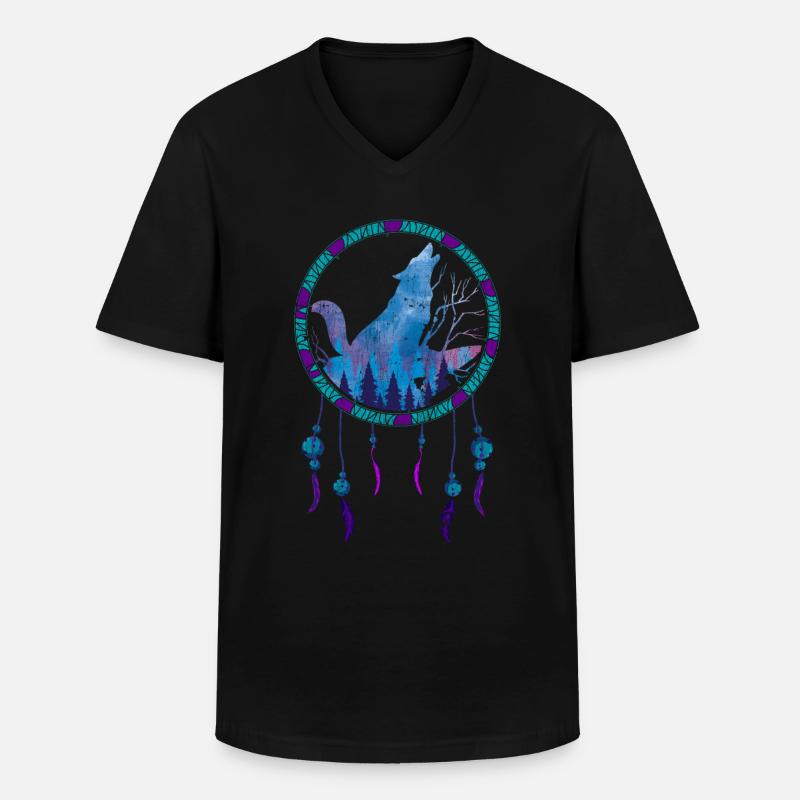 Geschenkidee Federn Traumfänger Heulender Wolf - Männer-T-Shirt mit V-Ausschnitt - Schwarz