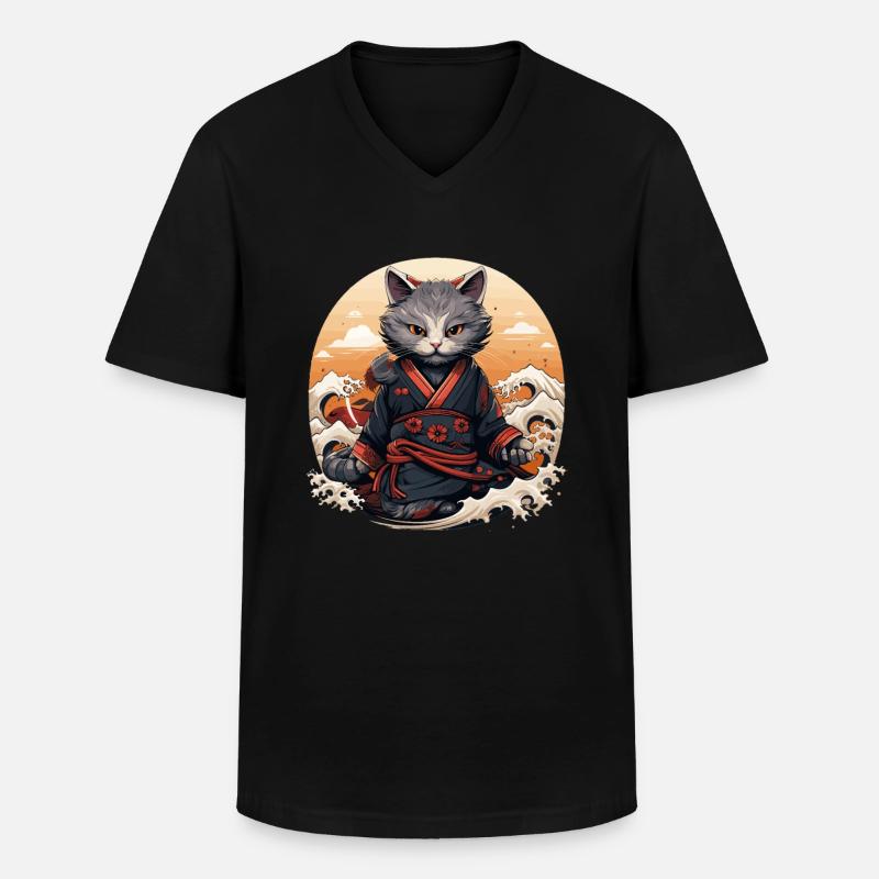 Samurai Cat Cat Ninja Katana Giappone - Maglietta da uomo classica con scollo a V - nero