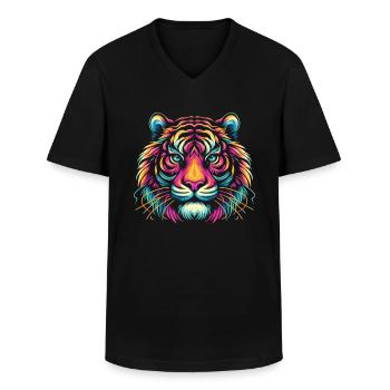 Visage De Tigre, Art Animalier Coloré, Tigre - T-shirt col V Homme - noir - Devant - AI Model Male 178 dark (178cm)