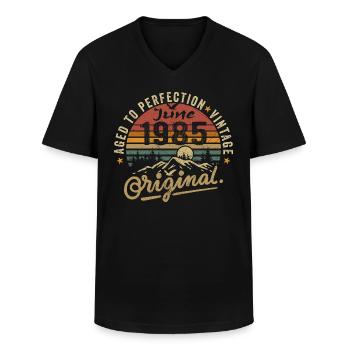 Anniversaire Juin 1985 Juin 1985 Juin 1985 - T-shirt col V Homme - noir - Devant - AI Model Male 178 dark (178cm)