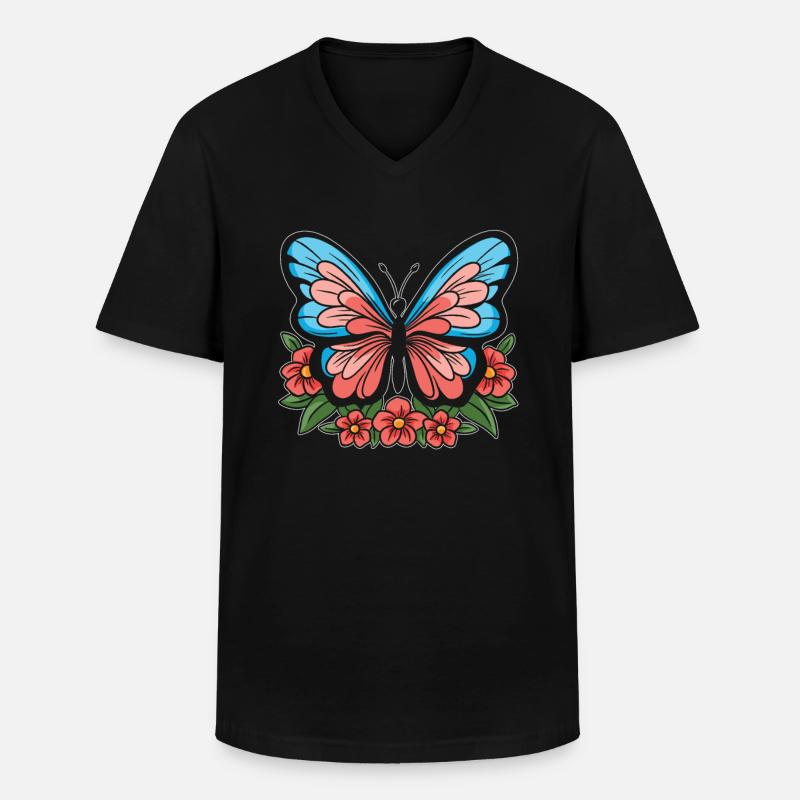 Schmetterling Blumen - Männer-T-Shirt mit V-Ausschnitt - Schwarz