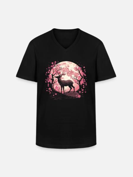 Deer Japan Cherry Blossom Moon - Men's V-Neck T-Shirt - black