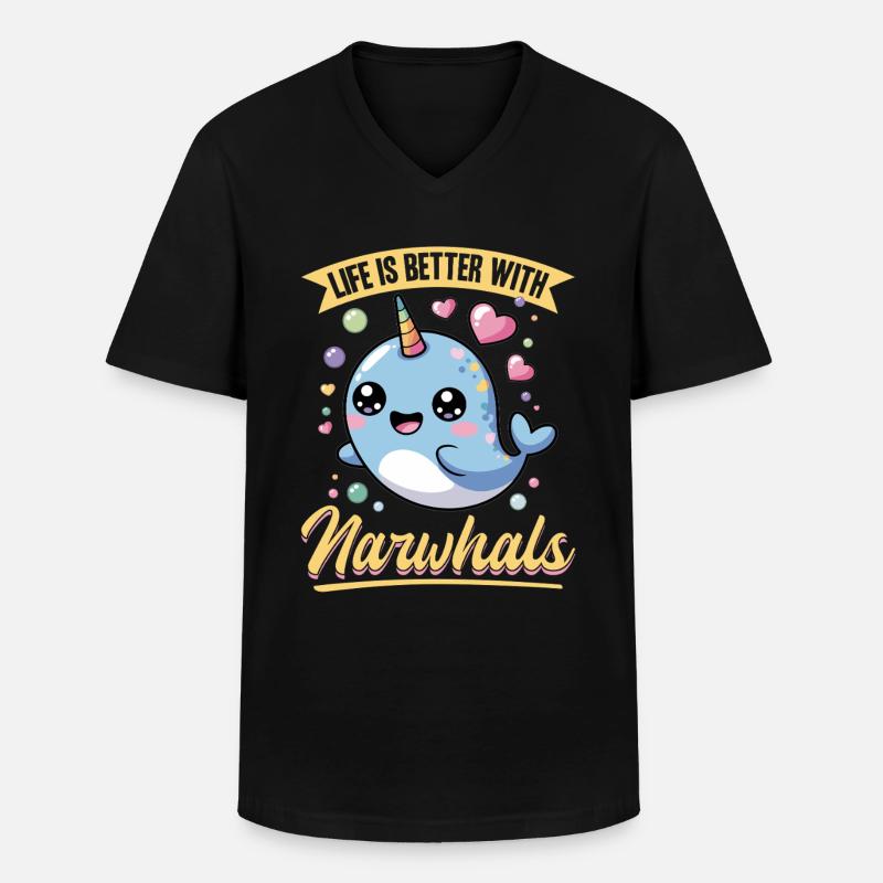 Narwhal Chibi Kawaii - Männer-T-Shirt mit V-Ausschnitt - Schwarz