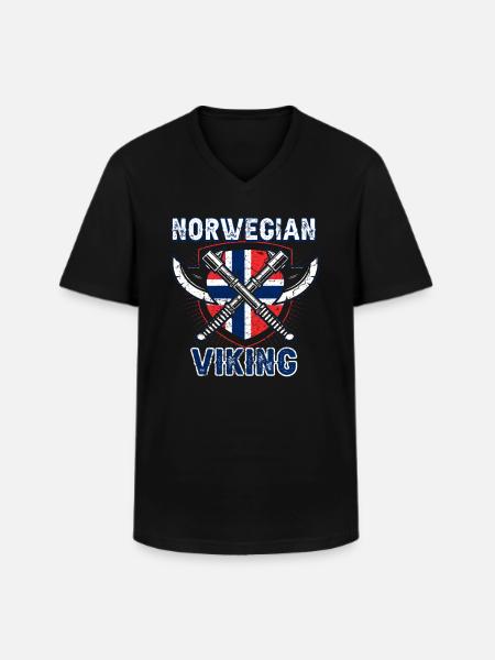 Norweski Wiking - Klasyczna koszulka męska z dekoltem w serek - czarny