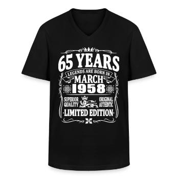 65 years old - born in March 1958 - Men's V-Neck T-Shirt - black - Front - AI Model Male 178 dark (178cm)