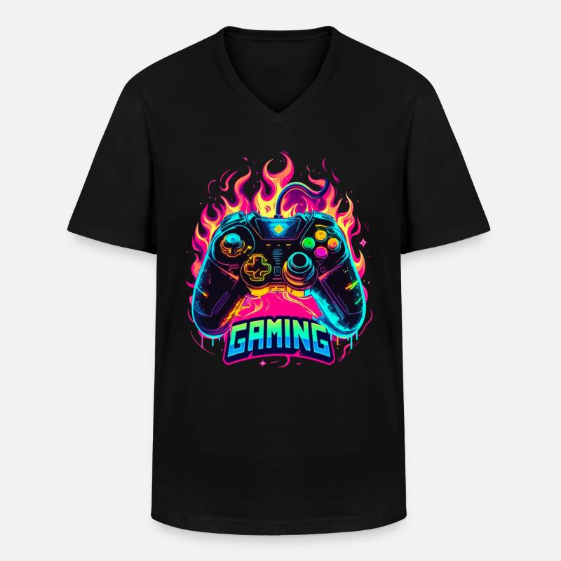 Gaming Controller Flammen Kunst - Männer-T-Shirt mit V-Ausschnitt - Schwarz