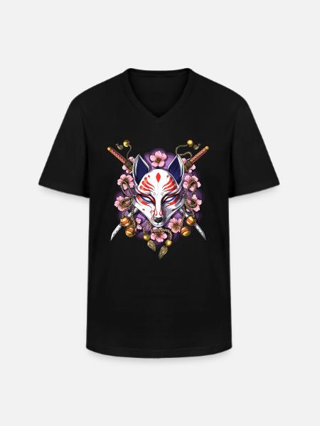 Kitsune Japanese Fox Mask - Men's V-Neck T-Shirt - black