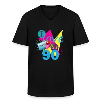 90-talets retrokassett 90-talsoutfit Jag älskar 90-talet - T-shirt med V-ringning herr - svart - Fram - AI Model Male 178 dark (178cm)