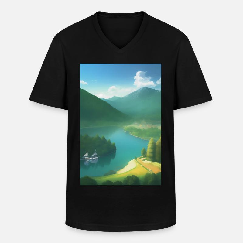 Landschaft mit See, Boot und Berge - Männer-T-Shirt mit V-Ausschnitt - Schwarz