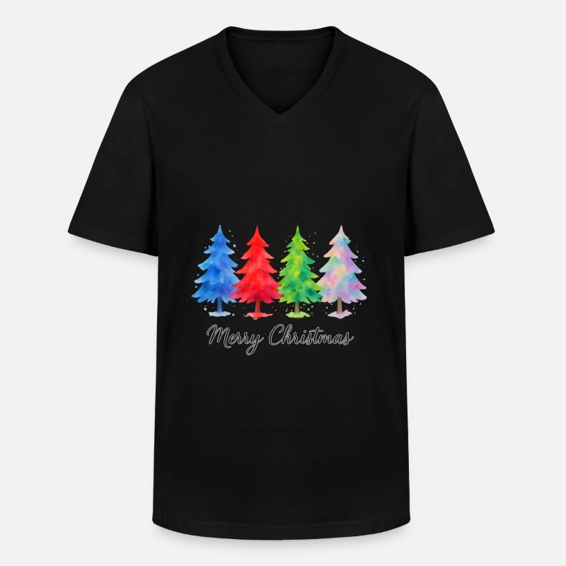 Bunte Wasserfarben Weihnachtsbäume - Männer-T-Shirt mit V-Ausschnitt - Schwarz