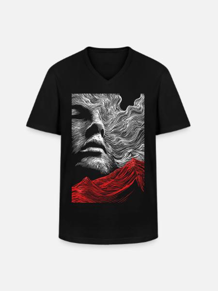 Gesicht Linien mit roter Bergsilhouette - Männer-T-Shirt mit V-Ausschnitt - Schwarz