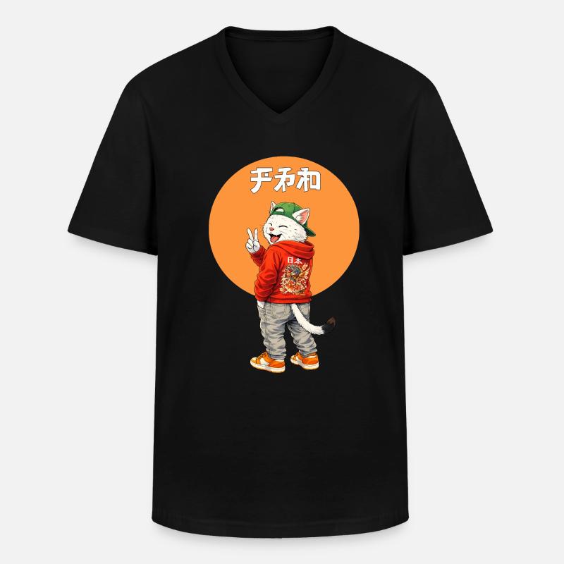 Katze-Peace  - Männer-T-Shirt mit V-Ausschnitt - Schwarz